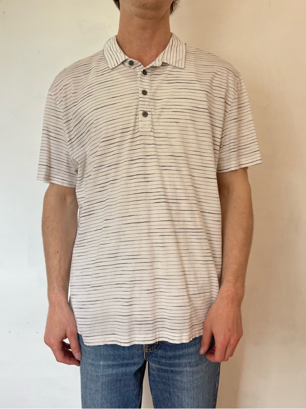John Varvatos Cream Polo with Thin Black Stripes